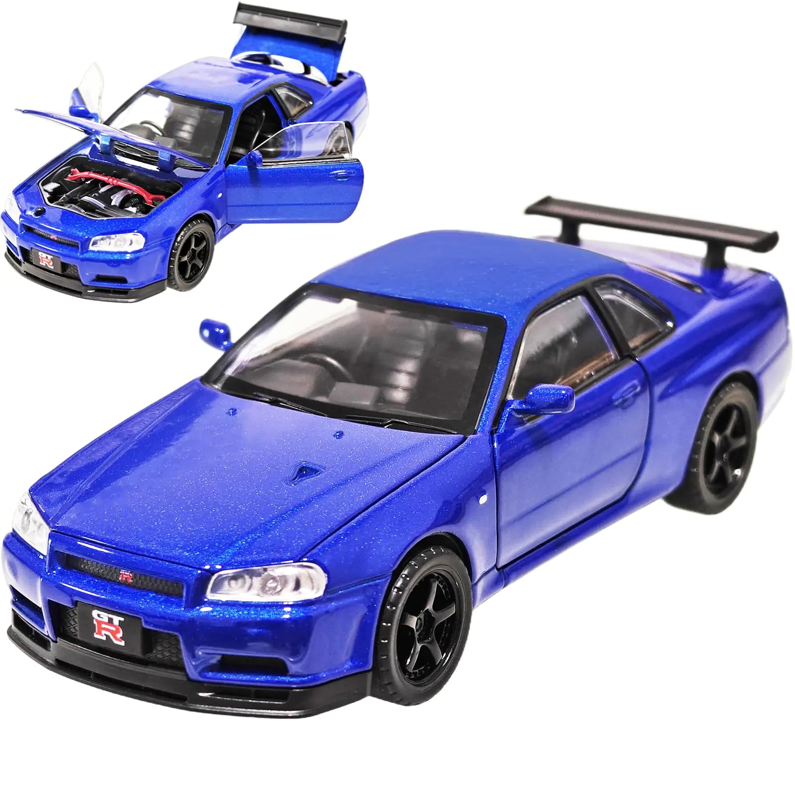 ERBADIHAGO Toy Car Nissan Skyline GTR R34 Model car 1/32 Die-cast Toy Cars Metal Model Car Toys with Light and Sound Pull Back Collectible Model for Children Age 3 + Year Old Festival Gift(Blue)